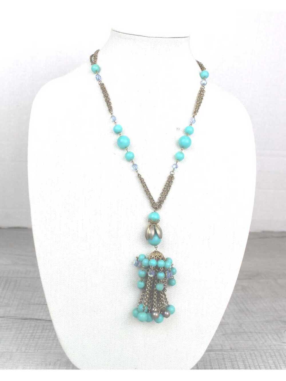 Boho Statement Lariat Tassel Necklace Turquoise Color Beads Silver Tone Chain